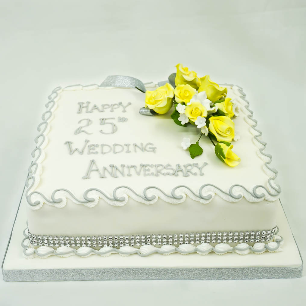 Square Anniversary Cake with Ribbon & Flowers & Gold Lettering - Sugar and  Spice